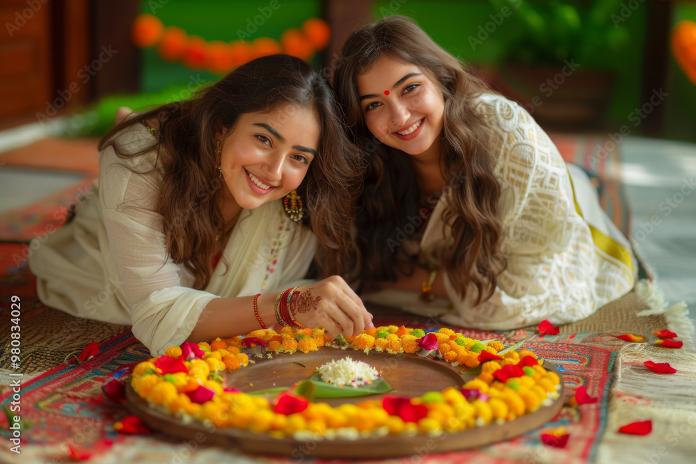 Traditionally dressed Indian ethnic women making colourful arrangement with flowers at home Traditionally dressed Indian ethnic women making colourful arrangement with flowers at home