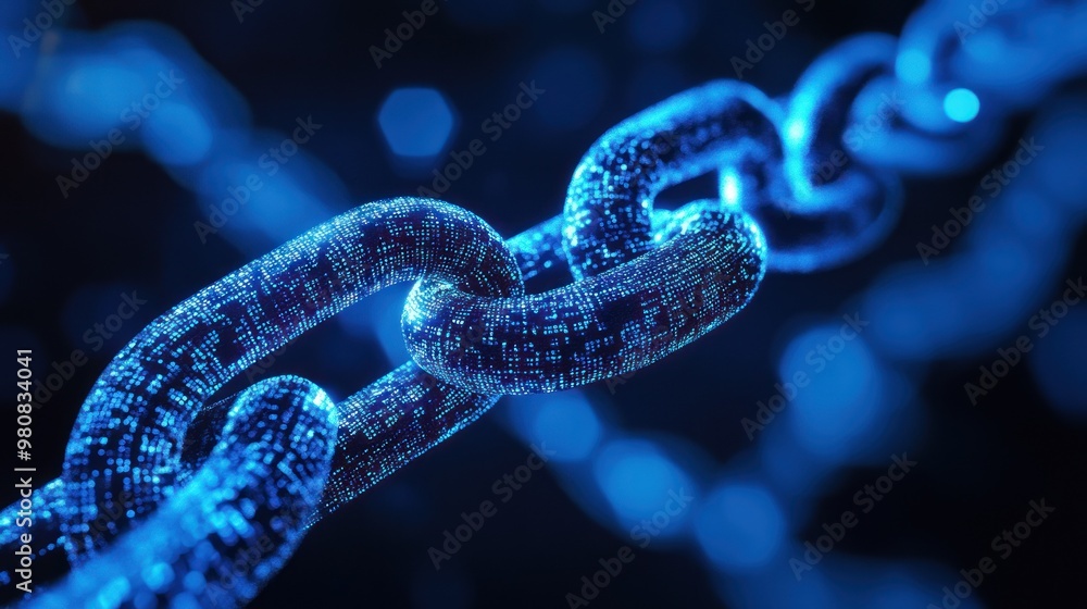 Digital chain glowing with data particles in blue light Digital chain glowing with data particles in blue light