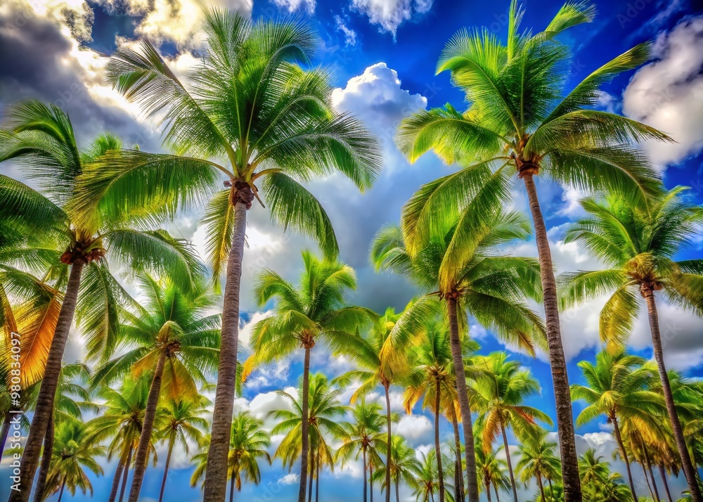 Vibrant palm trees with bright green and yellow trunks and leaves stand tall against a brilliant blue sky with white, puffy clouds drifting by. Vibrant palm trees with bright green and yellow trunks and leaves stand tall against a brilliant blue sky with white, puffy clouds drifting by.