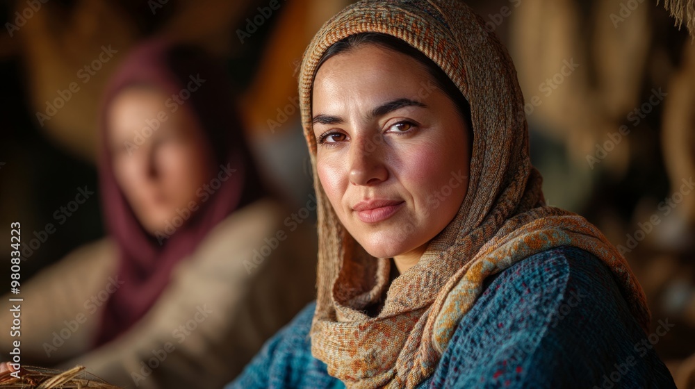 Pilgrim women weaving baskets and sewing clothing, with traditional tools and handmade textiles, natural light streaming in Pilgrim women weaving baskets and sewing clothing, with traditional tools and handmade textiles, natural light streaming in