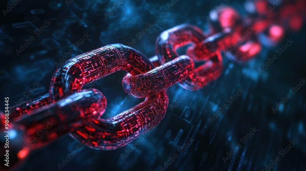 Detailed interlinked red chain links in digital space. Detailed interlinked red chain links in digital space.
