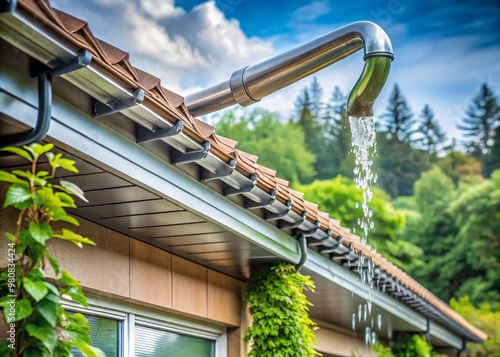 Clean rainfall flows through a newly installed, shiny metal rain gutter system on a modern suburban home's roof,
