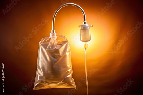 Clear plastic enema bag with tubing and nozzle, suspended from a hook, against a neutral background, illuminated by photo