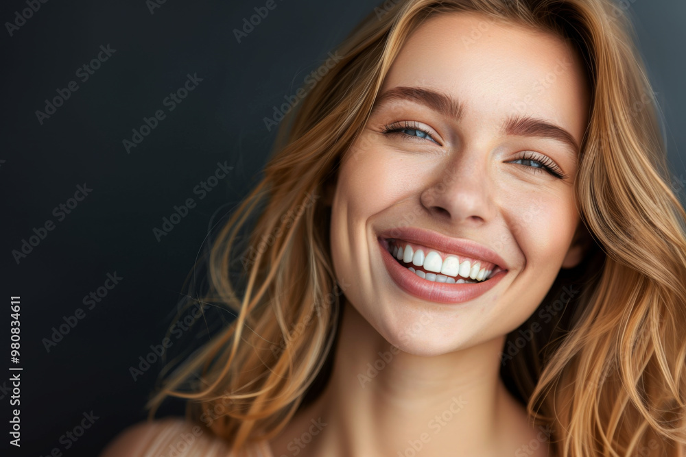 Close-up portrait of a smiling beautiful female in a dark background Close-up portrait of a smiling beautiful female in a dark background