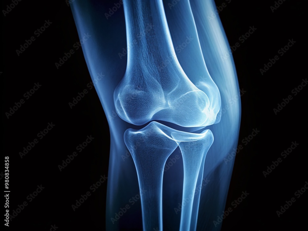 Close-up of a digital knee X-ray image on a screen, showing a lateral view of the knee joint Close-up of a digital knee X-ray image on a screen, showing a lateral view of the knee joint