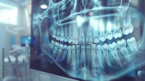 Detailed dental x-ray image highlighting the clarity of the teeth and jaw structure in a modern clinic setting.