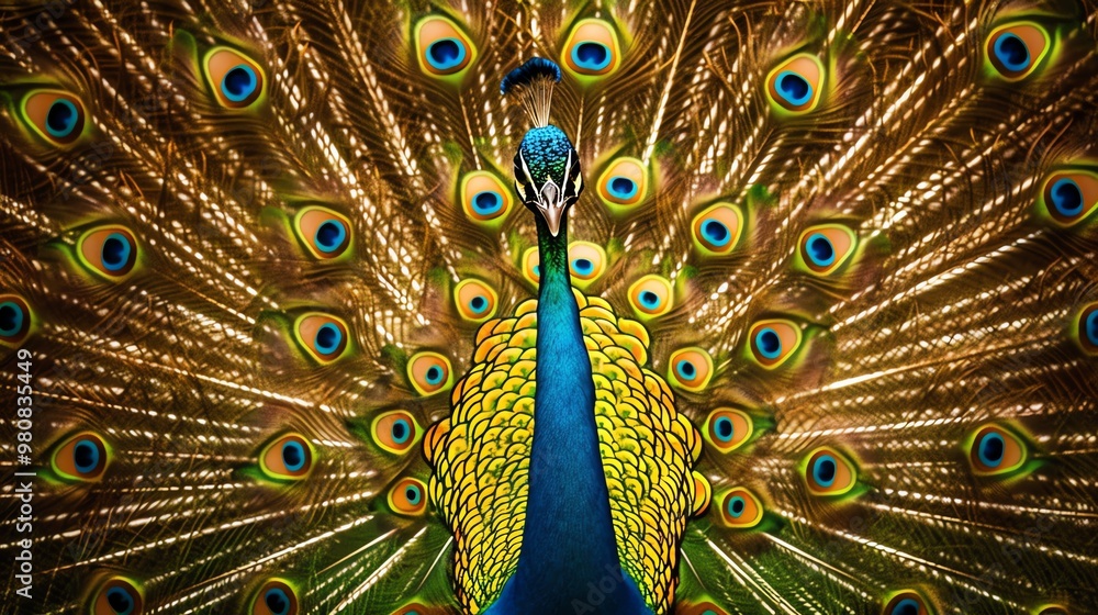 Obraz premium A peacock with its feathers spread in a fan.