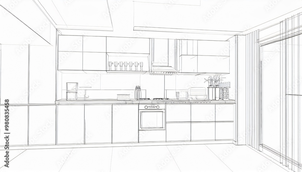 Modern kitchen interior design sketch with kitchenware displayed on countertops and cabinets Modern kitchen interior design sketch with kitchenware displayed on countertops and cabinets