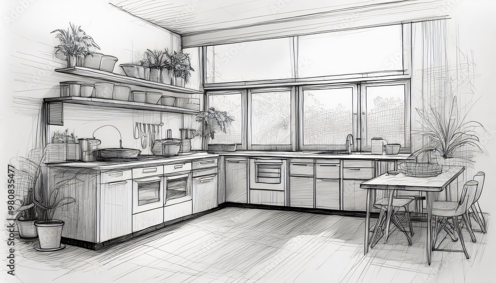 Monochrome drawing depicting the contemporary kitchen interior with furnishings and greenery Monochrome drawing depicting the contemporary kitchen interior with furnishings and greenery