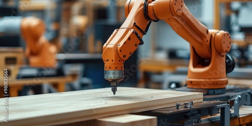 A robotic arm meticulously works on a piece of wood in a modern woodworking workshop, showcasing advanced automation technology. photo