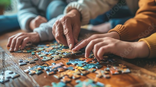 A young person and an older adult work together to complete a puzzle.