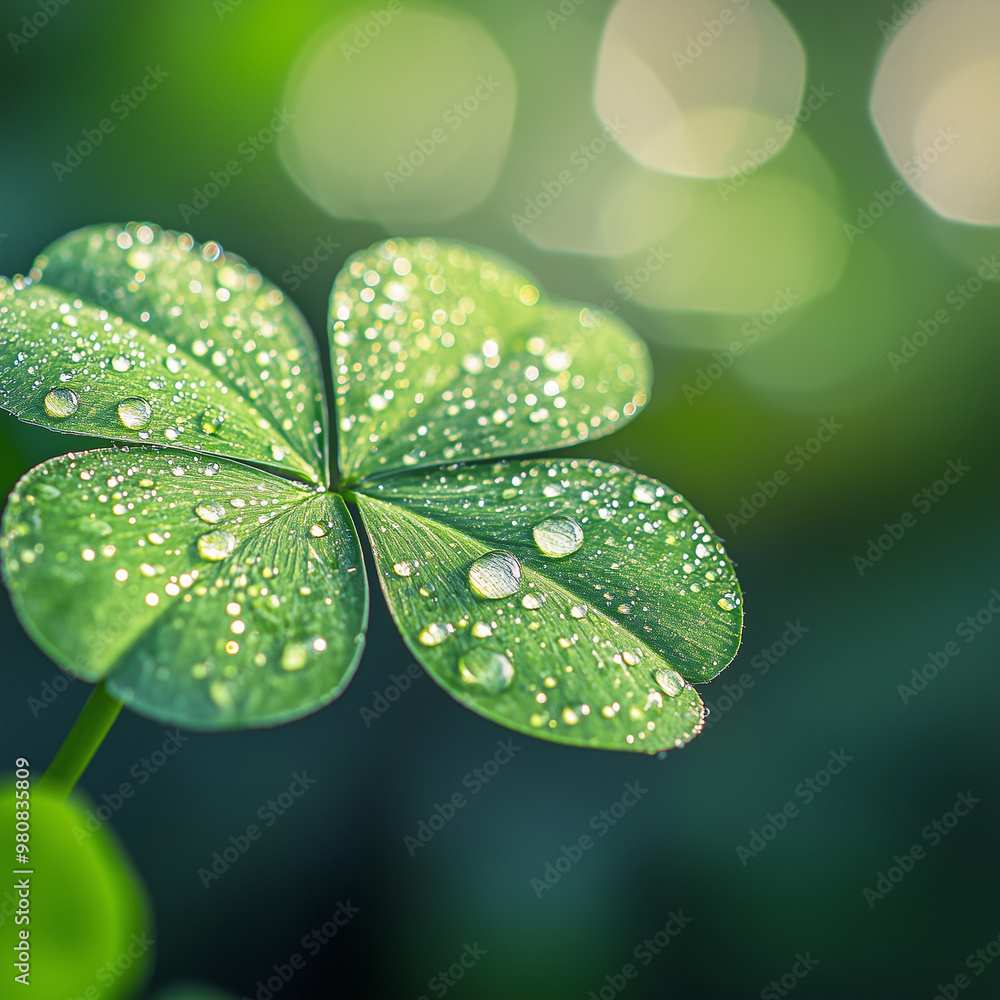 Dew-covered clovers in soft morning light, nature close-up, fresh greenery Dew-covered clovers in soft morning light, nature close-up, fresh greenery