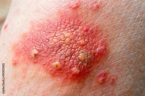 Close-up of a red, swollen, and blistered area of skin, representing a first-degree burn, with a subtle gradient