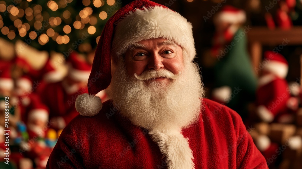 Santa Claus in his workshop surrounded by busy elves, colorful toys, and holiday decorations, preparing for Christmas Eve Santa Claus in his workshop surrounded by busy elves, colorful toys, and holiday decorations, preparing for Christmas Eve