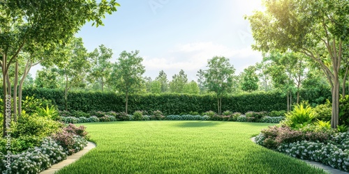 Fototapeta Naklejka Na Ścianę i Meble -  A serene garden landscape featuring lush grass, vibrant flowers, and trees under a clear blue sky, perfect for relaxation and tranquility.