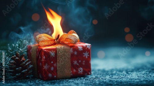 A festive gift box with a blazing fire at the top