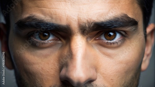 Close-up of a single, thick, dark eyebrow stretching across a person's forehead, creating a unified, expressive, and photo