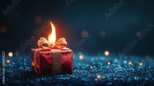 Red gift box with golden ribbon engulfed in flames. photo