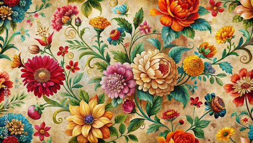 Vibrant multicolored flowers in intricate arrangements adorn a distressed vintage background, creating a stunning botanical floral print digital wallpaper with an antique flair.