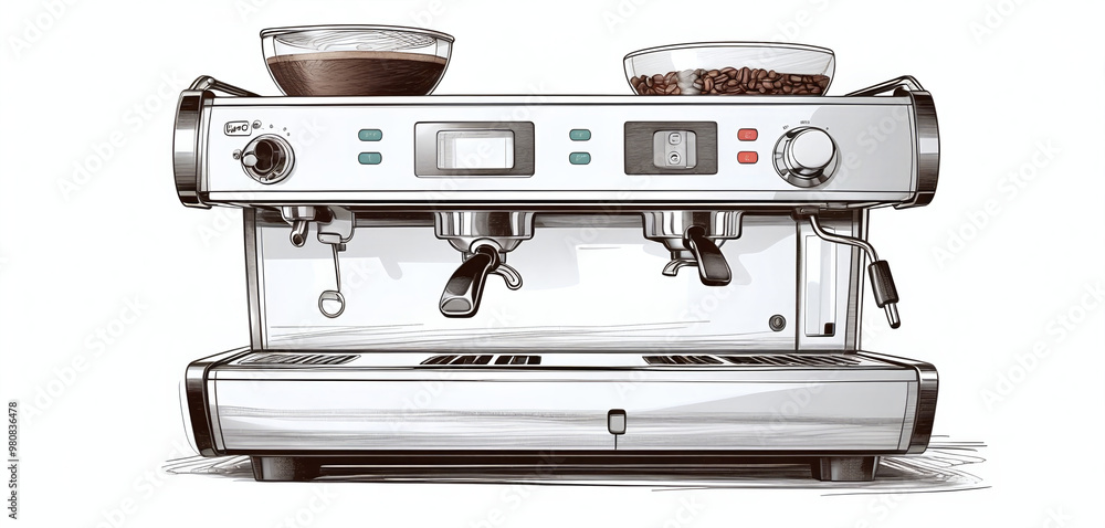 Illustrative depiction of a professional coffee machine in a drawn style on a white background - ai generated Illustrative depiction of a professional coffee machine in a drawn style on a white background - ai generated
