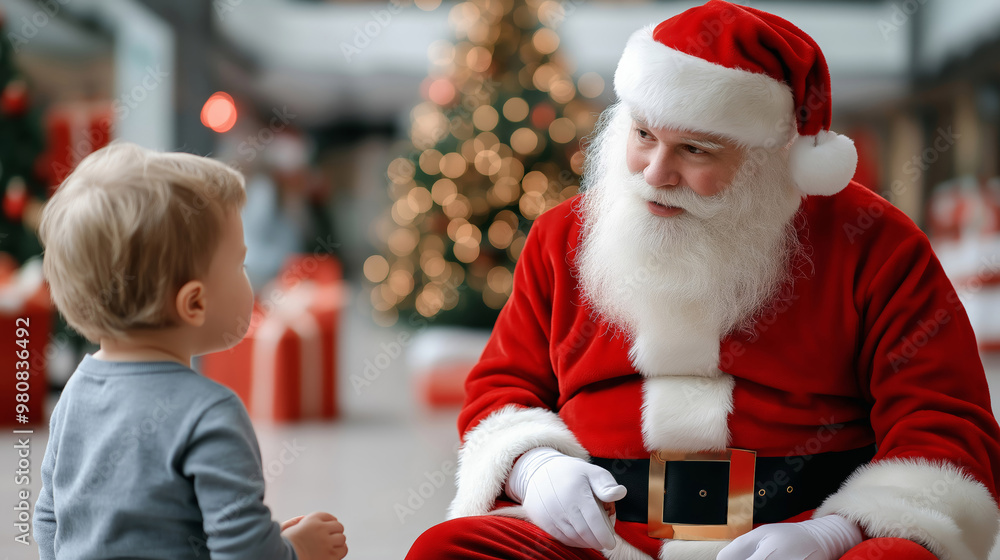 Santa Claus playing a game with children in a dedicated holiday corner of a shopping center surrounded by gifts Santa Claus playing a game with children in a dedicated holiday corner of a shopping center surrounded by gifts