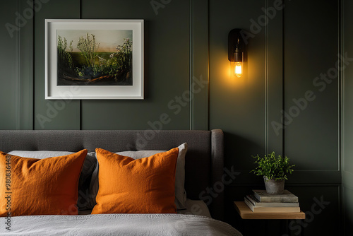 A picture frame hanging on the wall of an English country house bedroom, above a grey fabric bed with orange pillows and dark green wooden paneled walls, a wall sconce light illuminating the room.