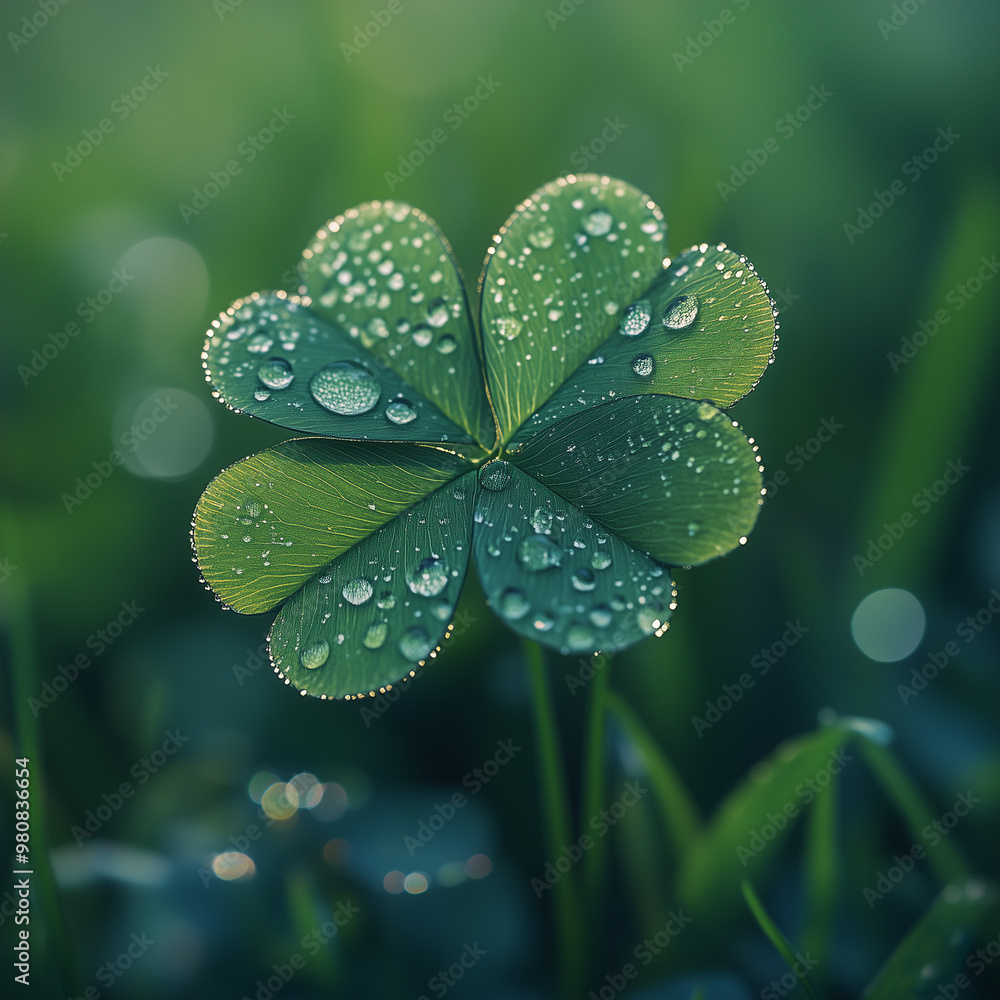 Dew-covered clovers in soft morning light, nature close-up, fresh greenery Dew-covered clovers in soft morning light, nature close-up, fresh greenery