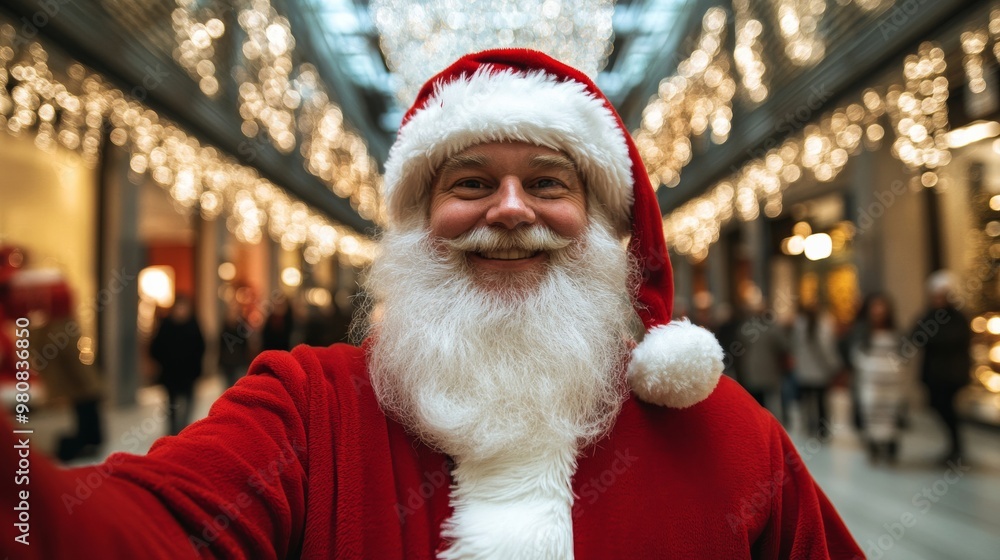 Santa Claus taking a selfie with excited shoppers under a large, glittering chandelier in a mall Santa Claus taking a selfie with excited shoppers under a large, glittering chandelier in a mall