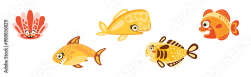 Sea Mammal and Underwater Cute Animal Swim in Ocean Vector Set