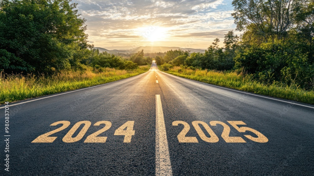 Naklejka premium Forked road with 2024 and 2025, symbolizing future paths.