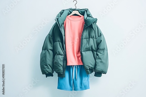 mens hakki hooded jacket and blue sports shorts isolated on white background. fashionable casual wear photo