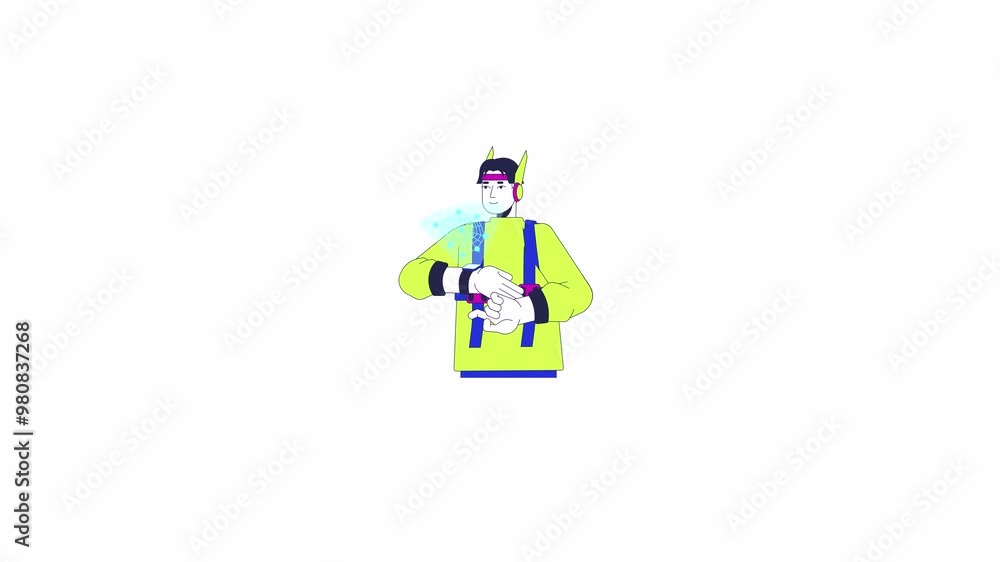 Futuristic man wristwatch hologram touching 2D character animation. Scifi technology cartoon 4K video, alpha channel. Gadget futurism techwear asian man animated person on white background Futuristic man wristwatch hologram touching 2D character animation. Scifi technology cartoon 4K video, alpha channel. Gadget futurism techwear asian man animated person on white background
