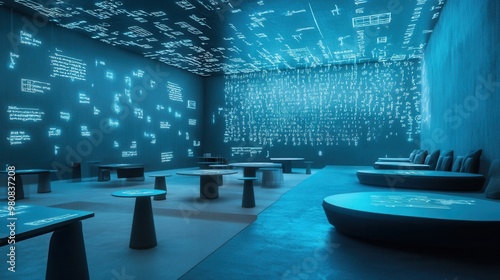 Modern Digital Art Installation with Blue Lights and Text