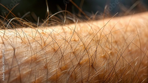 Close-up of goosebumps on human arm, hairs standing upright, illustrating piloerection phenomenon, often caused by photo