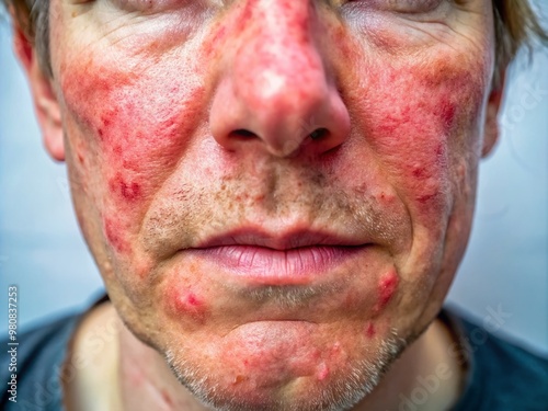 Close-up of inflamed, red, and flaky skin on a person's facial area, showcasing symptoms of dermatitis, with visible photo