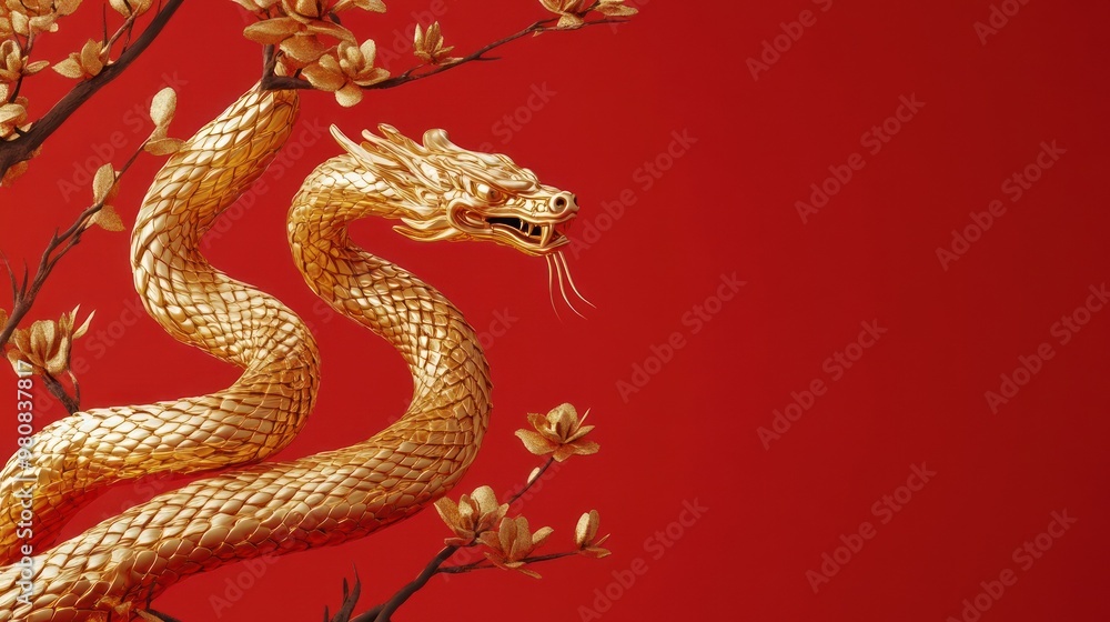 Golden dragon amidst branches on red Golden dragon amidst branches on red