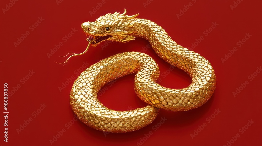 Obraz premium Golden serpent with dragon head on vivid red canvas