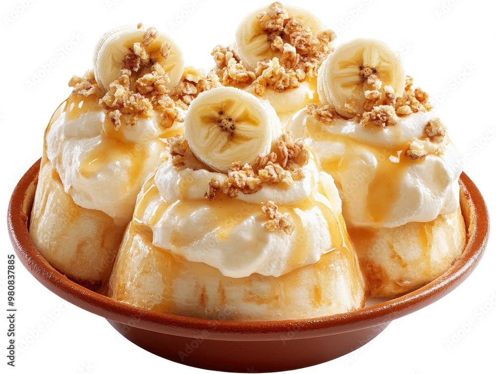 Banana split dessert with whipped cream and caramel drizzle on transparent background Banana split dessert with whipped cream and caramel drizzle on transparent background