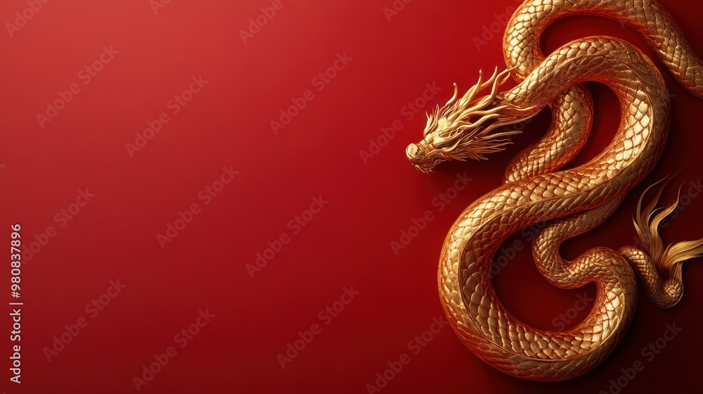 Golden dragon with fierce expression on red backdrop Golden dragon with fierce expression on red backdrop