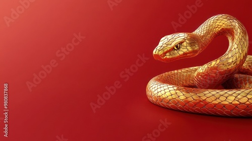 Golden coiled snake on deep red minimalist display