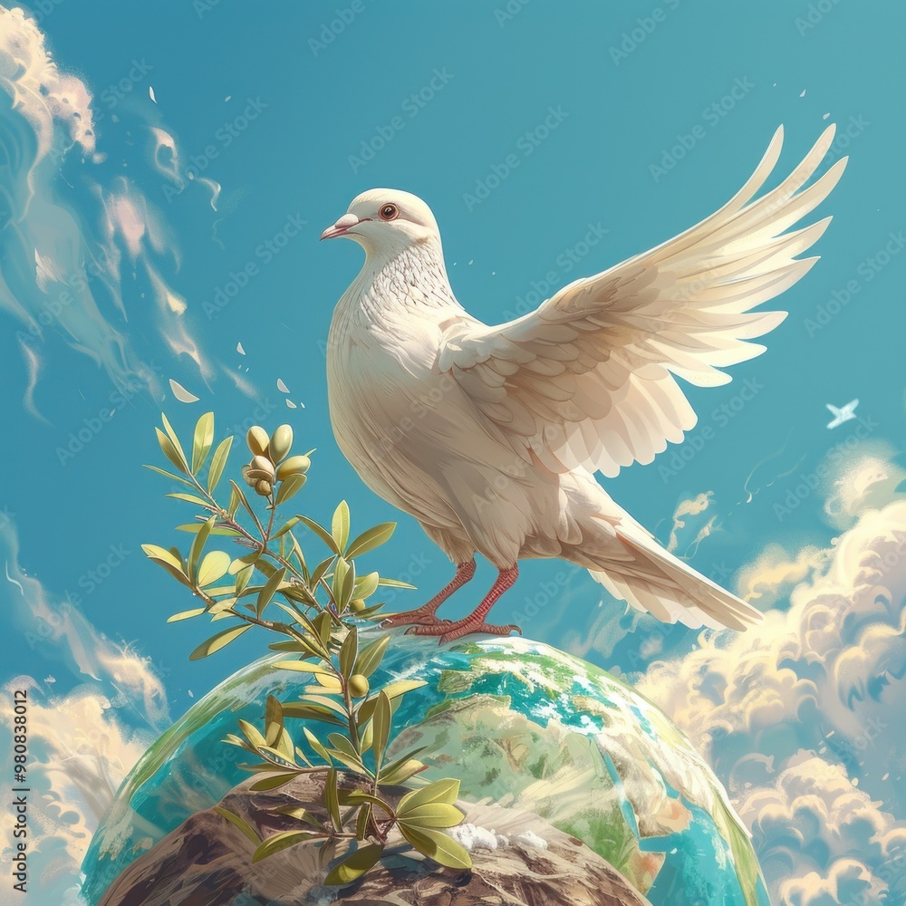 Obraz premium A majestic dove perches on a vibrant globe, symbolizing peace and harmony in a serene sky. Generative AI