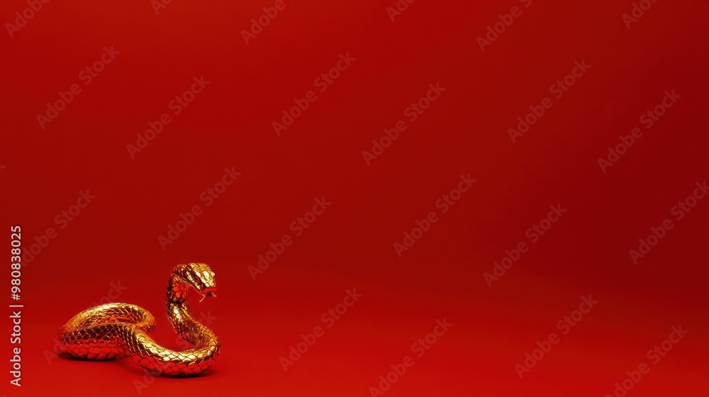 Golden snake on vibrant red background, majestic and shiny Golden snake on vibrant red background, majestic and shiny
