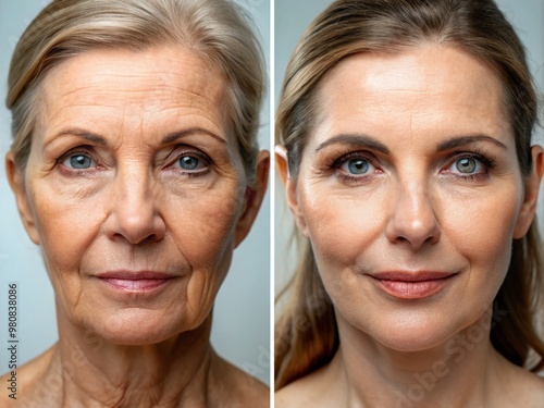 Close-up portraits of facial wrinkles and fine lines significantly reduced after cosmetic treatment, showcasing smooth