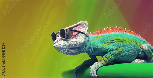 The image shows a vibrant, colorful lizard with a pink and orange head and neck, wearing sunglasses and sitting on a green surface. photo