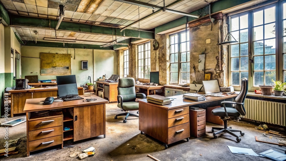 Cluttered office with worn, outdated desks, chairs, and shelves calling for replacement or repurposing, amidst a Cluttered office with worn, outdated desks, chairs, and shelves calling for replacement or repurposing, amidst a