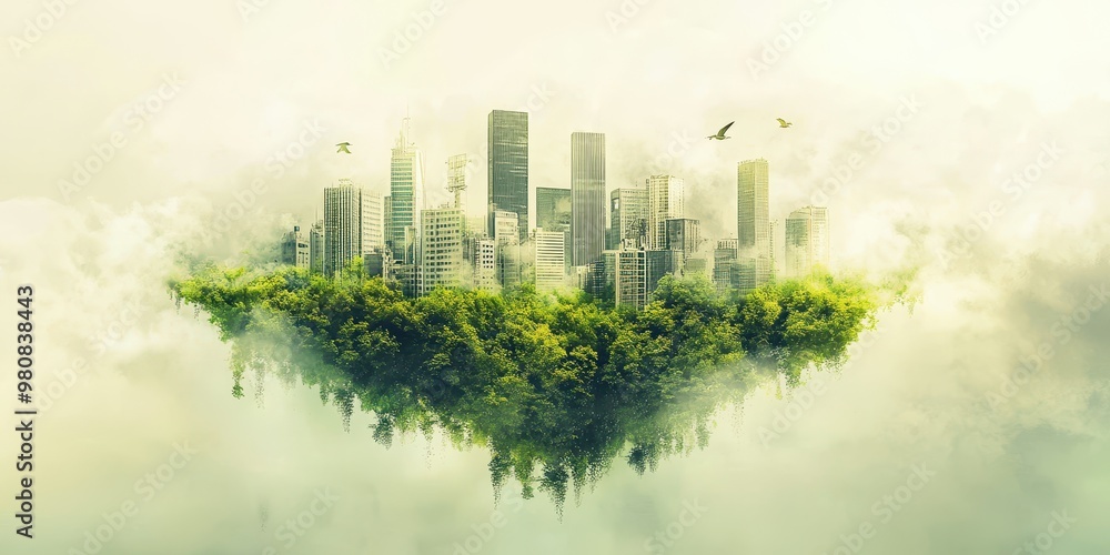 A surreal cityscape floating above lush greenery, blending nature and architecture into an ethereal scene. A surreal cityscape floating above lush greenery, blending nature and architecture into an ethereal scene.
