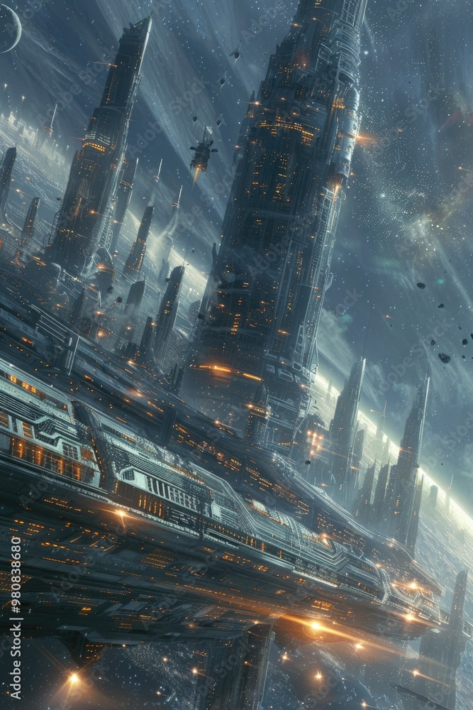 Obraz premium Futuristic Megacity Skyline with Towering Skyscrapers and Flying Spacecraft