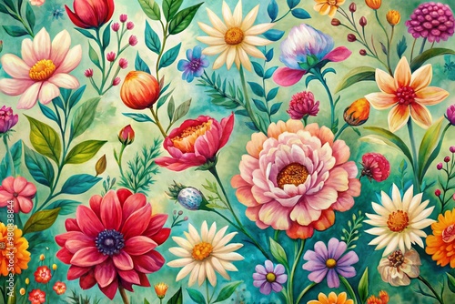 Vibrant hand-drawn floral pattern in vintage art style features abstract blooming flowers in acrylic paint, set against a soft, nature-inspired spring season background.