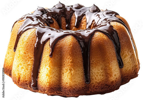 Bundt cake with chocolate glaze on transparent background photo