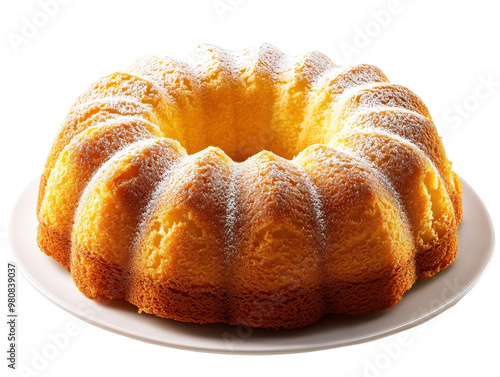 Bundt cake with powdered sugar dusting on transparent background